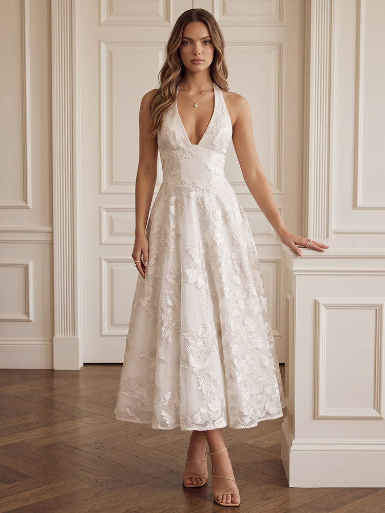 Jacquard A Line Halter Sleeveless Long Wedding Guest Dresses with Pleated