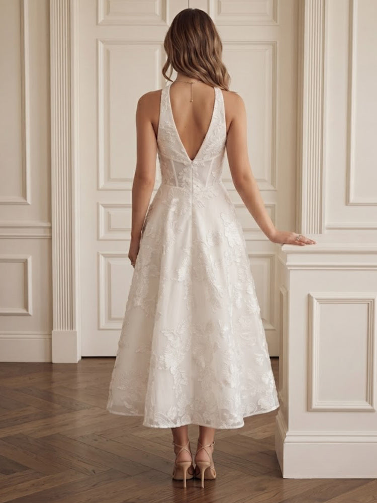 Jacquard A Line Halter Sleeveless Long Wedding Guest Dresses with Pleated