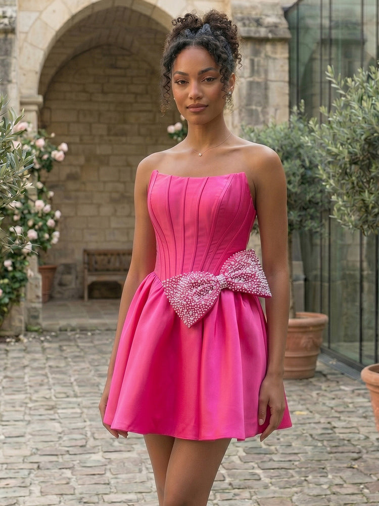 Satin A-Line Strapless Mini Homecoming Dresses with Bow