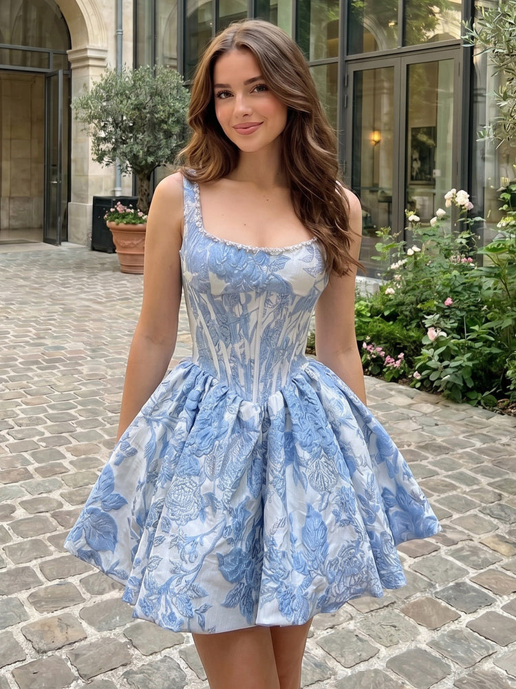 Jacquard A-Line Boat Neck  Mini Homecoming Dresses with Pleats