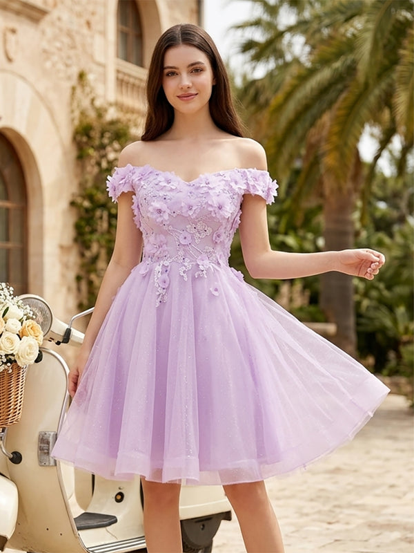 Tulle A-Line Off the Shoulder Mini Homecoming Dresses with 3D Flowers