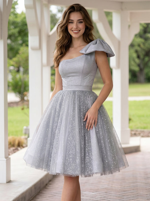 Tulle A-Line One Shoulder Mini Homecoming Dresses with Bow