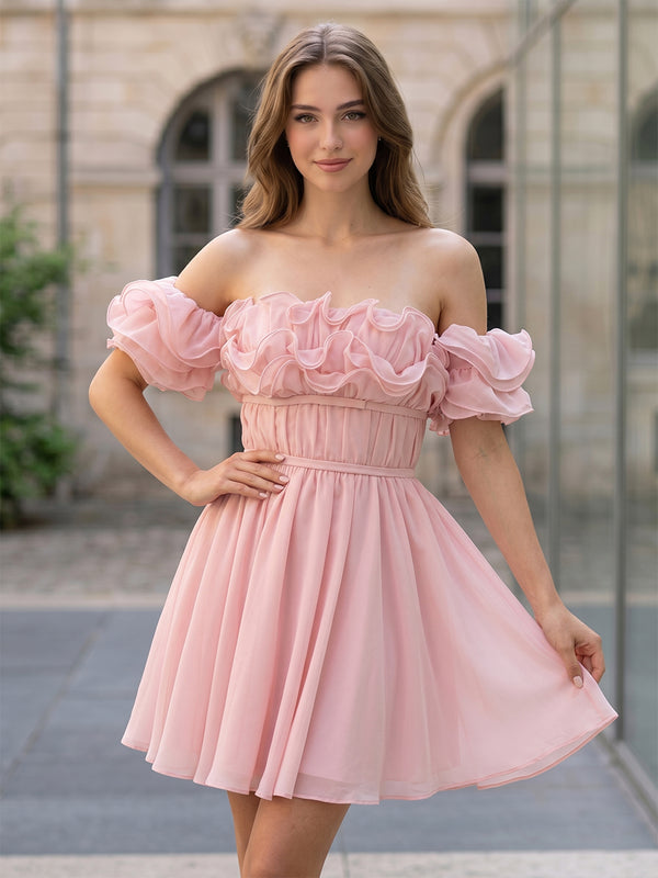 Chiffon A-Line Off the Shoulder Mini Homecoming Dresses with Ruffles