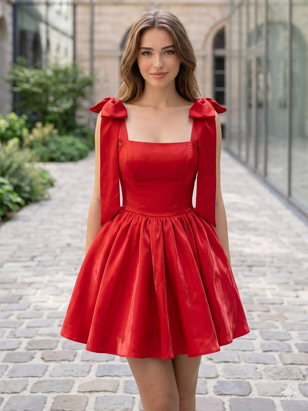 Satin A-Line Square Neck Mini Homecoming Dresses with Pleats