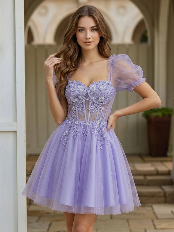 Tulle A-Line Sweetheart Mini Homecoming Dresses with Floral Embroidery