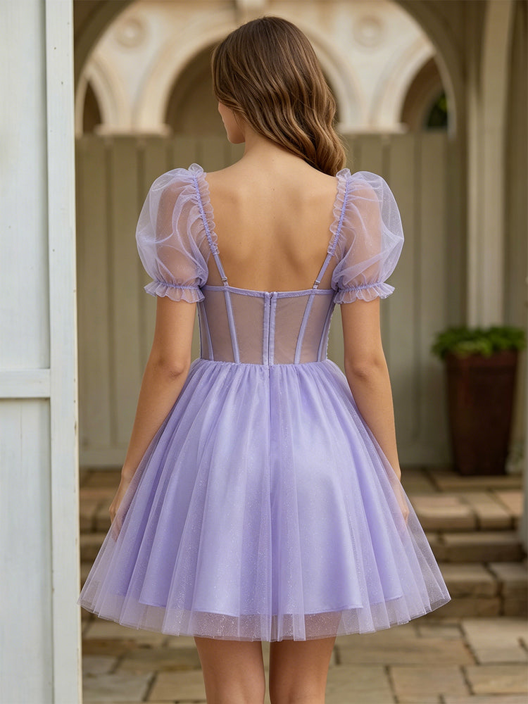Tulle A-Line Sweetheart Mini Homecoming Dresses with Floral Embroidery