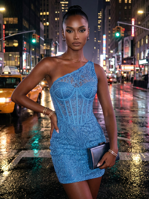 Mesh Sheath One Shoulder Mini Homecoming Dresses with Rhinestone