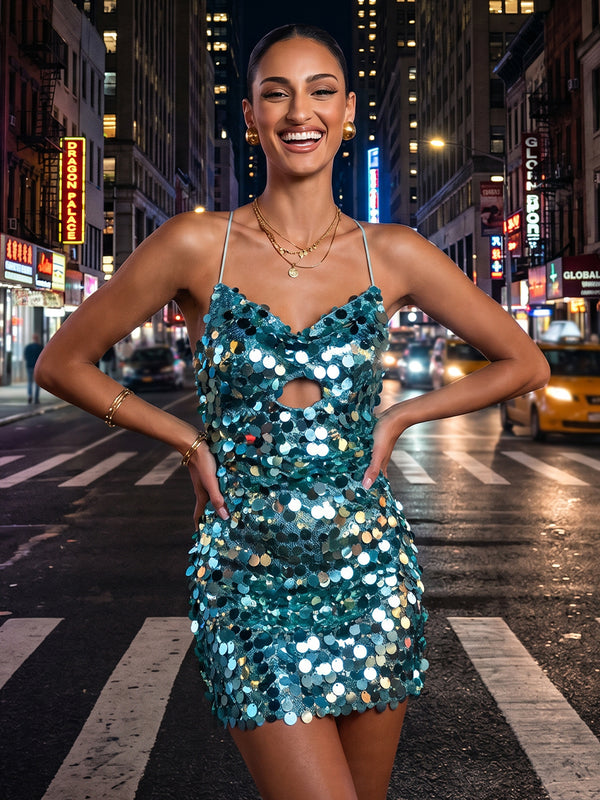 Spaghetti Straps Shiny Full Iridescent Big Paillette Sequins Sheath  Cutout Mini Homecoming Dress