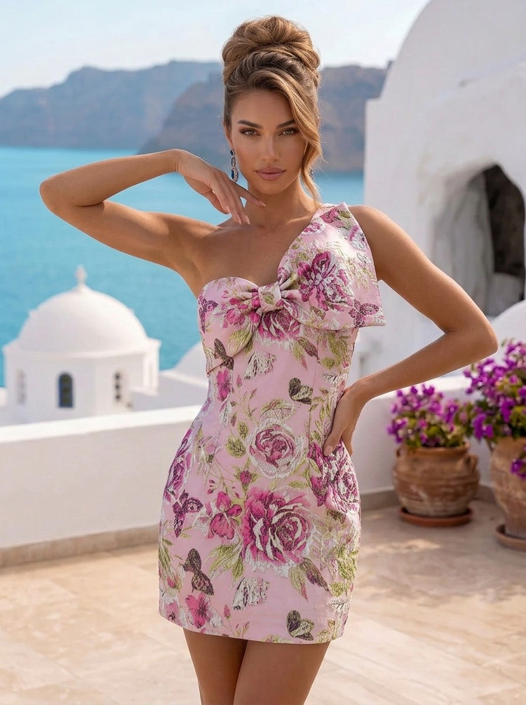 Jacquard Sheath One Shoulder Mini Homecoming Dresses with Bow