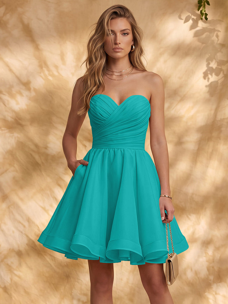 Chiffon A-Line Strapless Mini Homecoming Dresses with Pleated