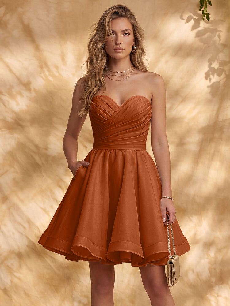 Chiffon A-Line Strapless Mini Homecoming Dresses with Pleated