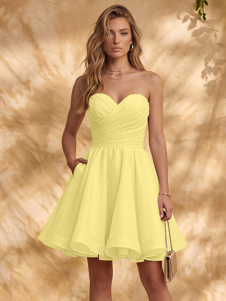 Chiffon A-Line Strapless Mini Homecoming Dresses with Pleated