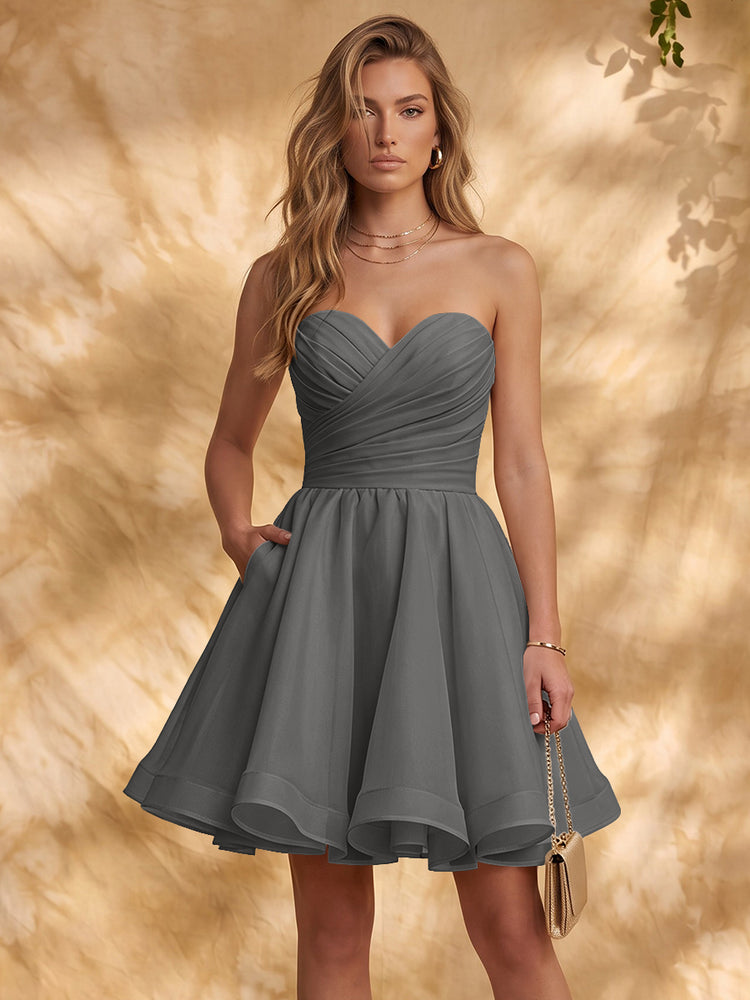 Chiffon A-Line Strapless Mini Homecoming Dresses with Pleated