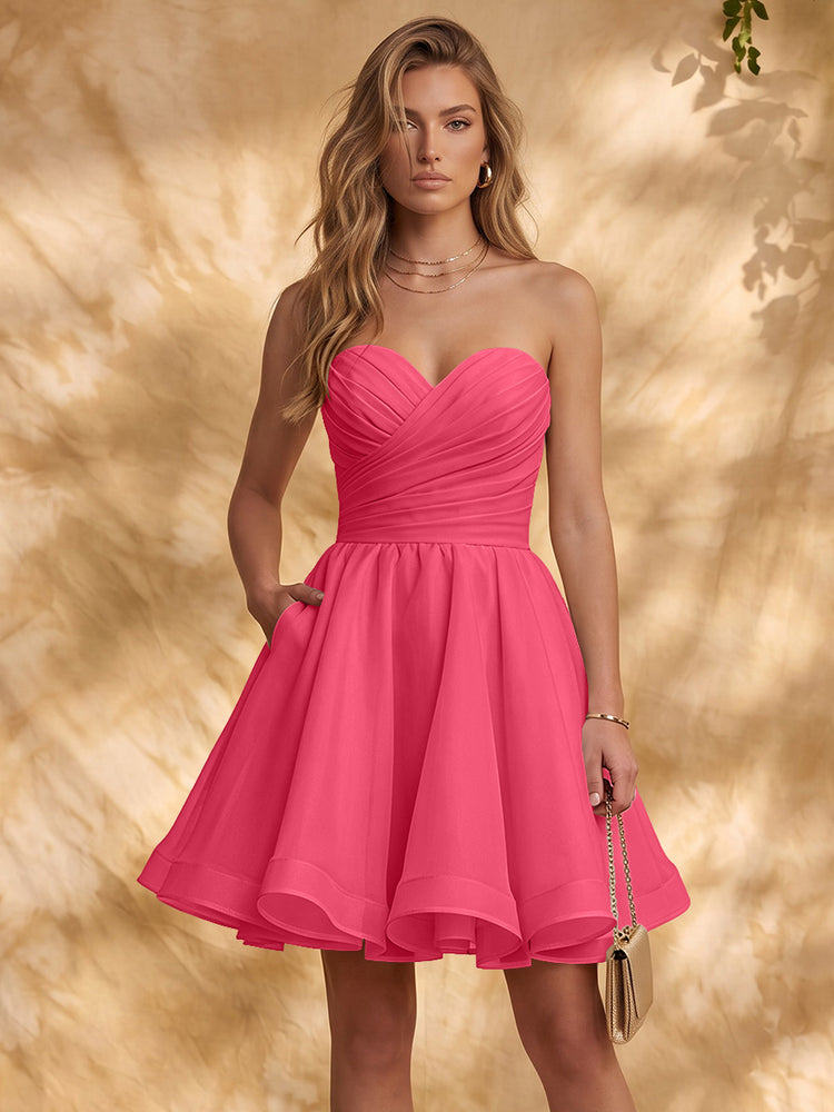 Chiffon A-Line Strapless Mini Homecoming Dresses with Pleated
