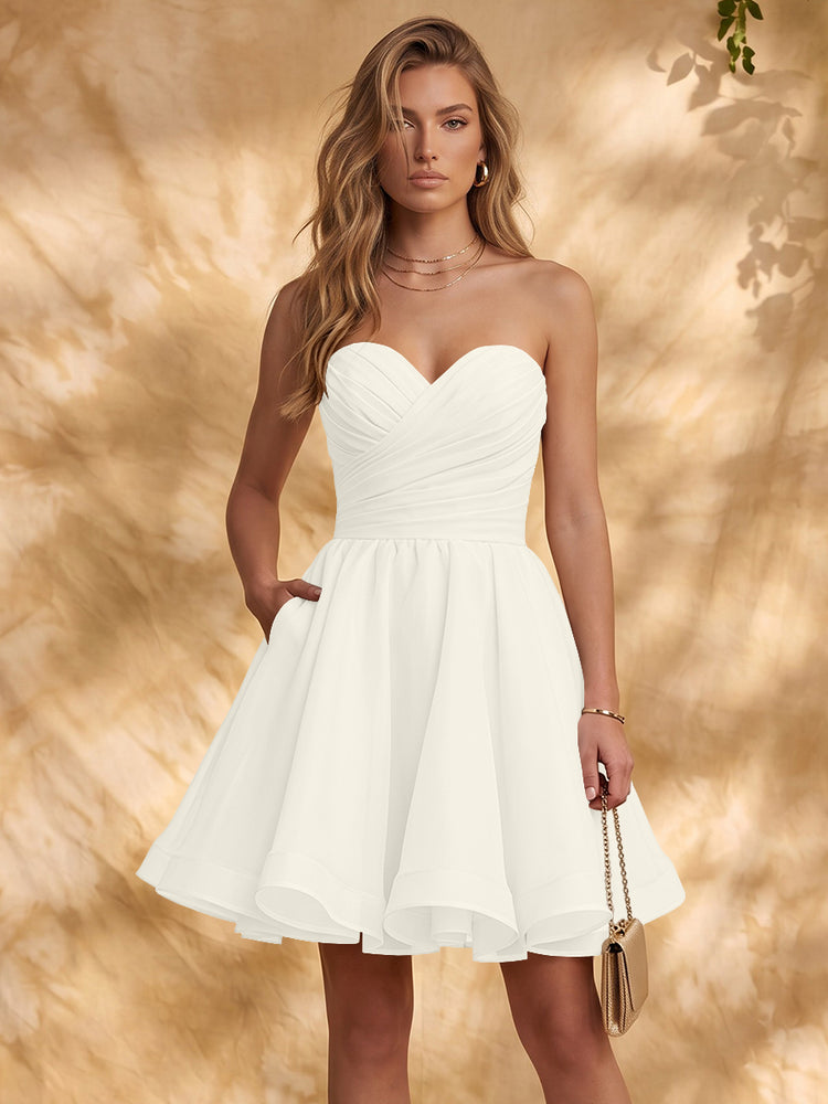 Chiffon A-Line Strapless Mini Homecoming Dresses with Pleated