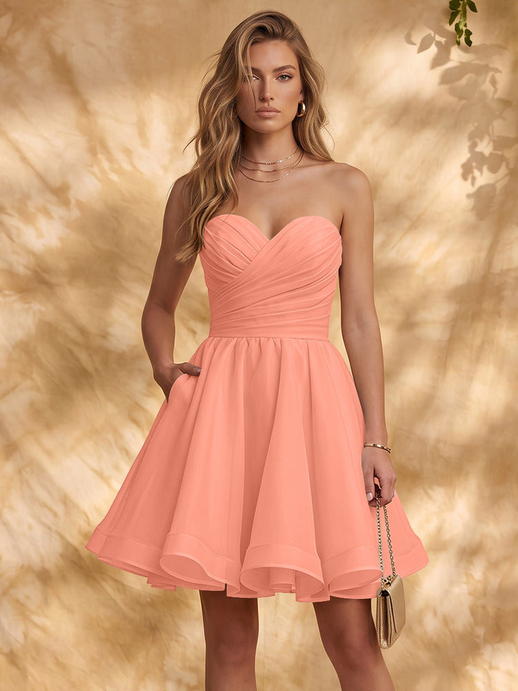 Chiffon A-Line Strapless Mini Homecoming Dresses with Pleated