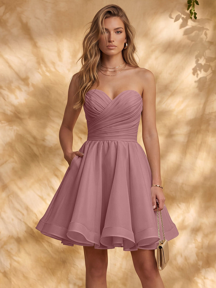 Chiffon A-Line Strapless Mini Homecoming Dresses with Pleated