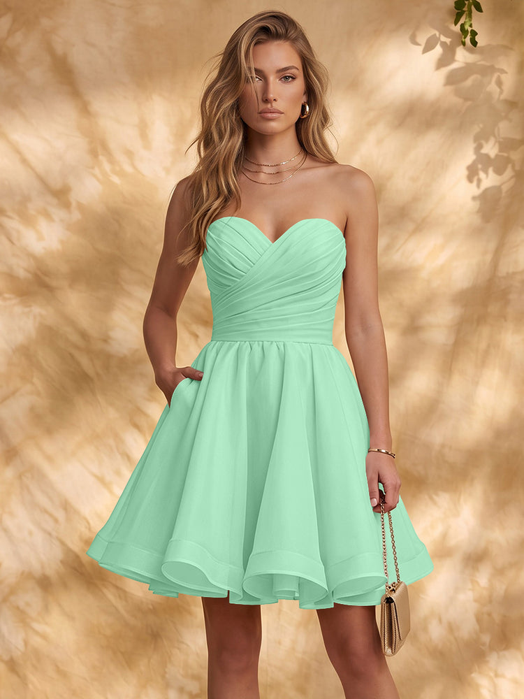 Chiffon A-Line Strapless Mini Homecoming Dresses with Pleated