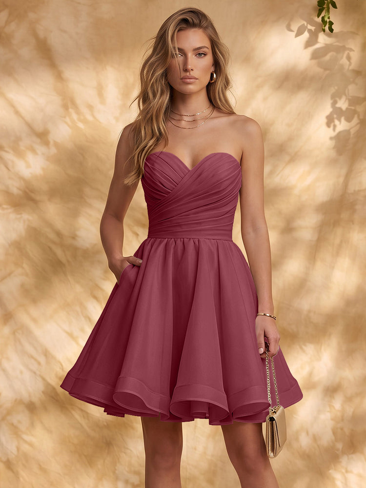 Chiffon A-Line Strapless Mini Homecoming Dresses with Pleated