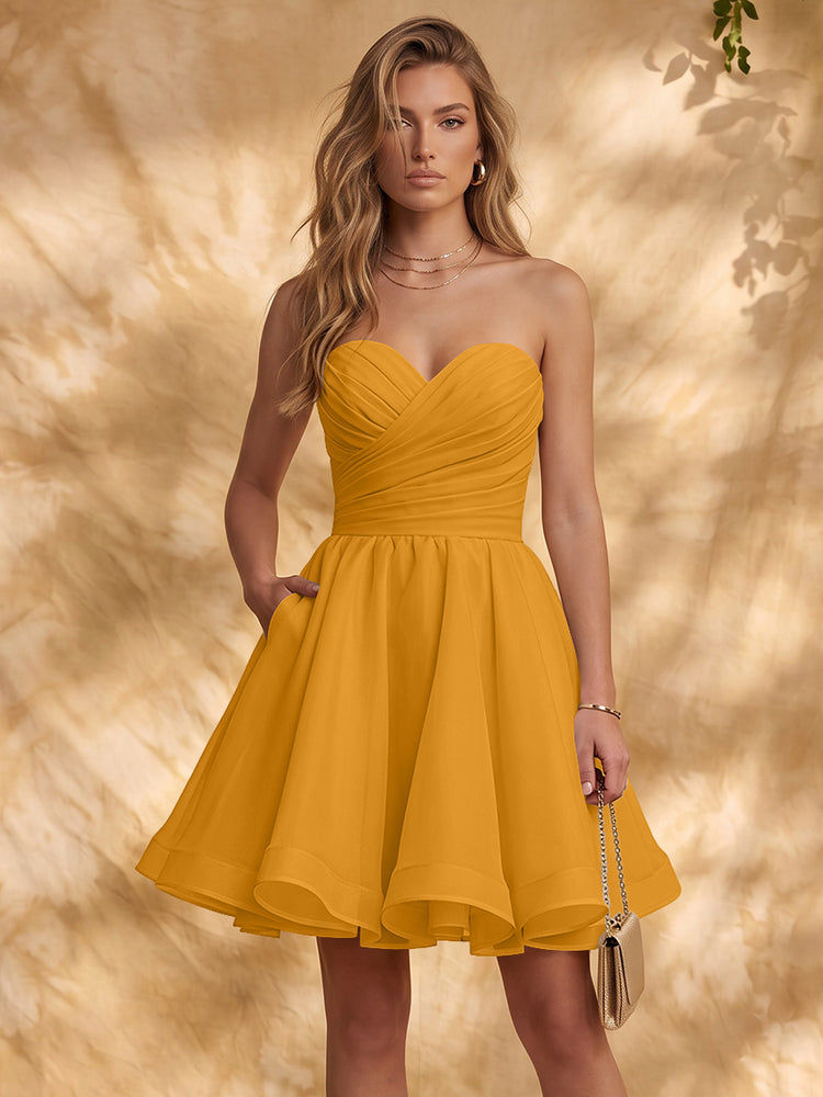 Chiffon A-Line Strapless Mini Homecoming Dresses with Pleated