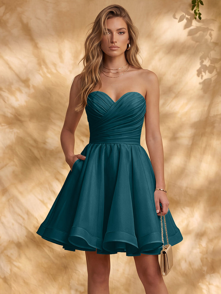 Chiffon A-Line Strapless Mini Homecoming Dresses with Pleated