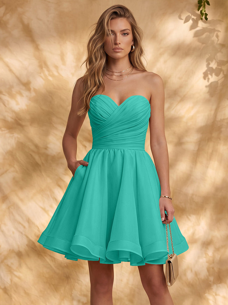 Chiffon A-Line Strapless Mini Homecoming Dresses with Pleated