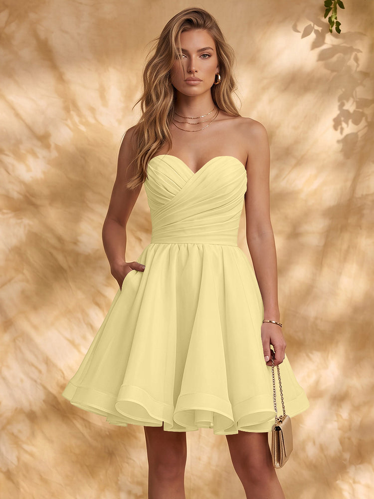 Chiffon A-Line Strapless Mini Homecoming Dresses with Pleated