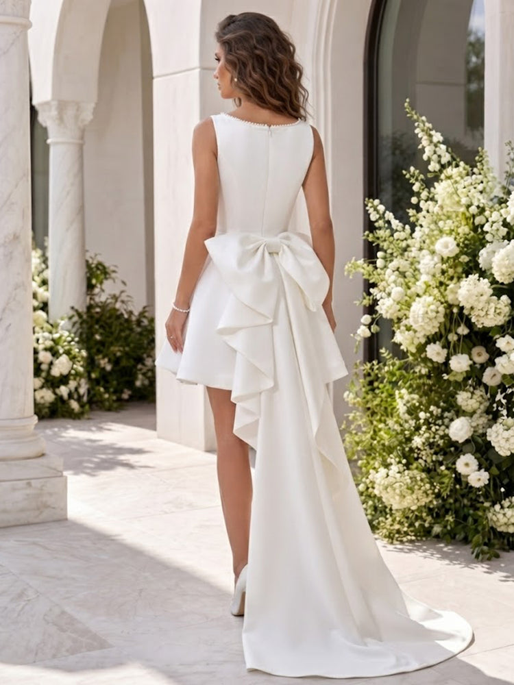 Satin A-Line Boat Neck Mini Homecoming Dresses with Bow