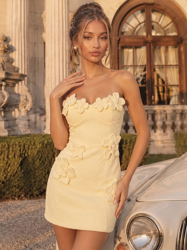 Satin Bodycon Strapless Short Homecoming Dresses with 3D Flowers