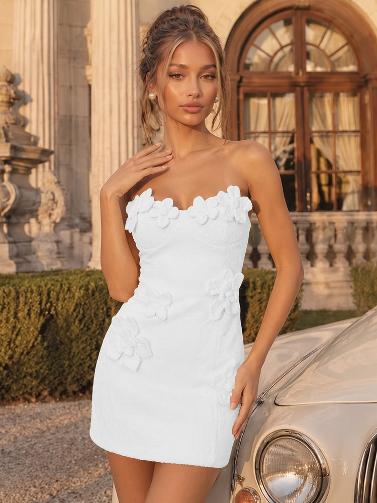 Satin Bodycon Strapless Short Homecoming Dresses Party Dresses with 3D Flowers