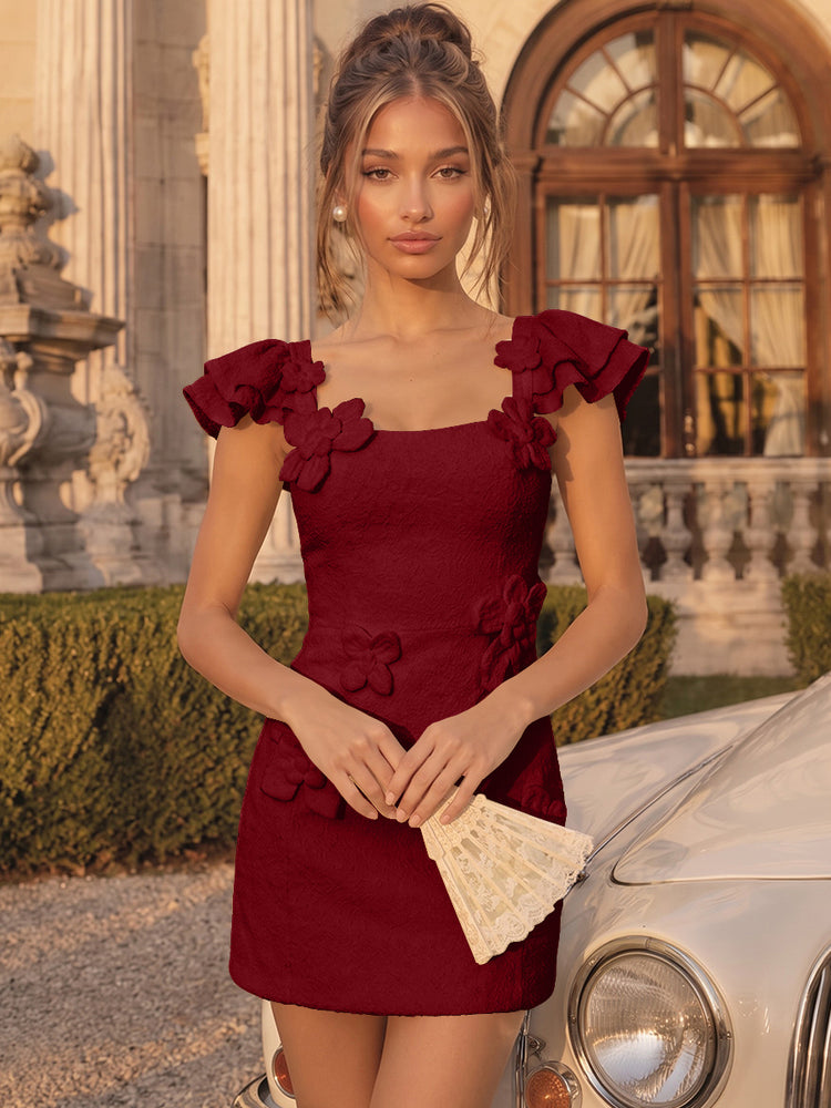 Satin Bodycon Square Neck Short Homecoming Dresses Party Dresses with 3D Flowers