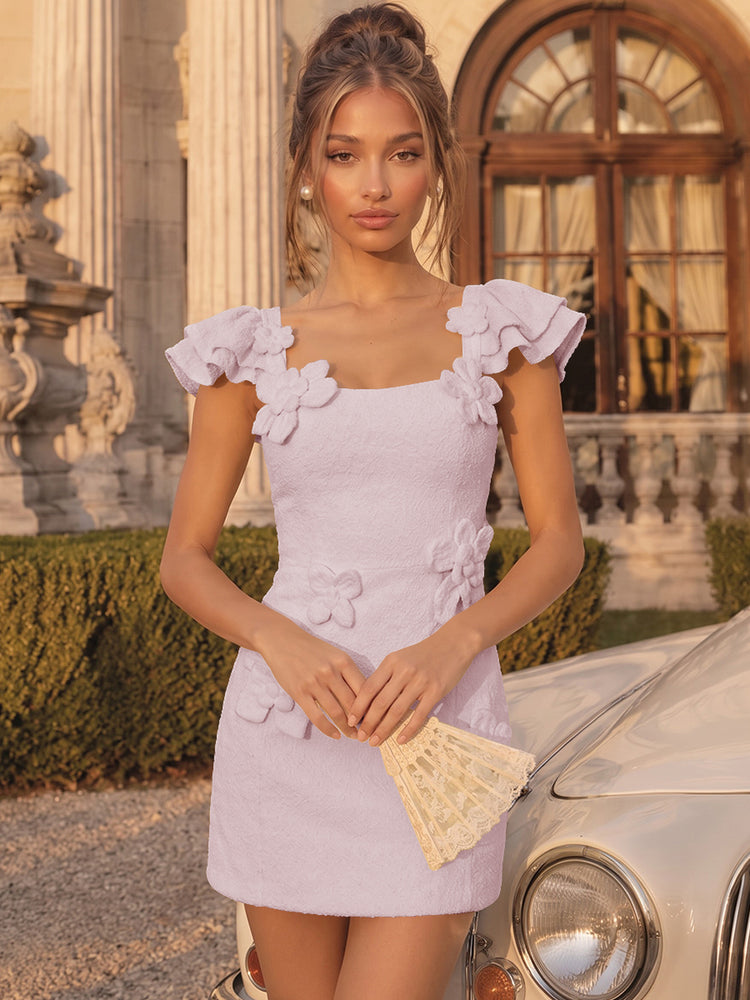 Satin Bodycon Square Neck Short Homecoming Dresses Party Dresses with 3D Flowers