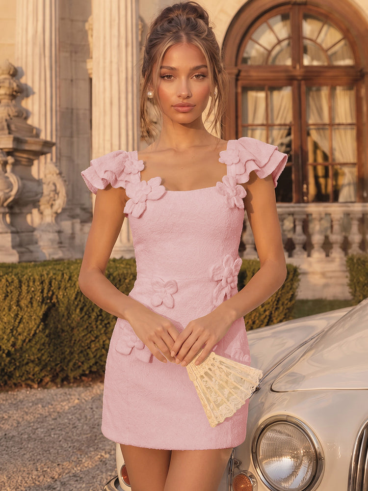 Satin Bodycon Square Neck Short Homecoming Dresses Party Dresses with 3D Flowers