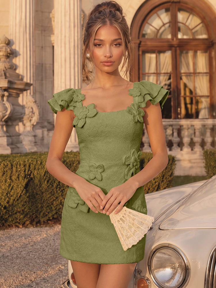 Satin Bodycon Square Neck Short Homecoming Dresses Party Dresses with 3D Flowers