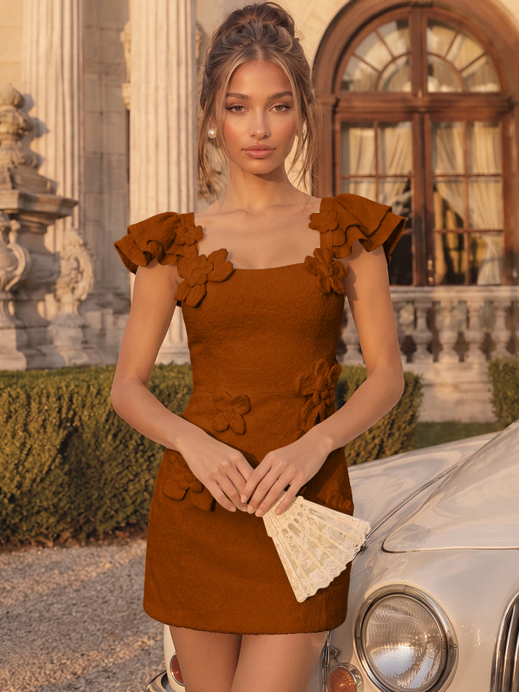 Satin Bodycon Square Neck Short Homecoming Dresses Party Dresses with 3D Flowers