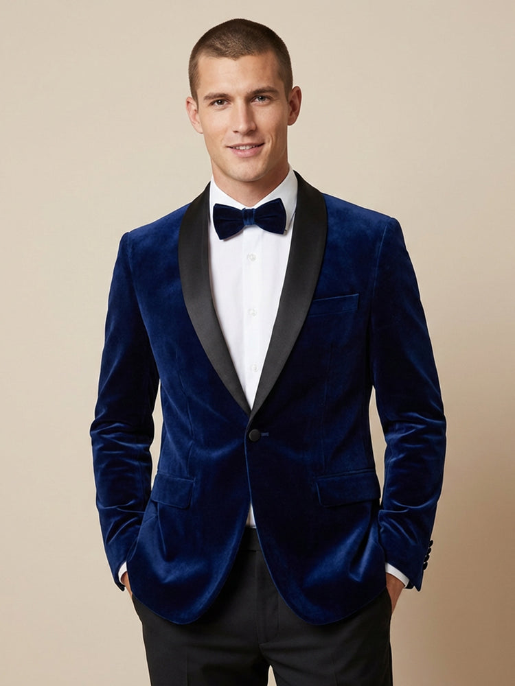 Men's Navy Blue Velvet Shawl Lapel Slim Fit Wedding Formal Jacket