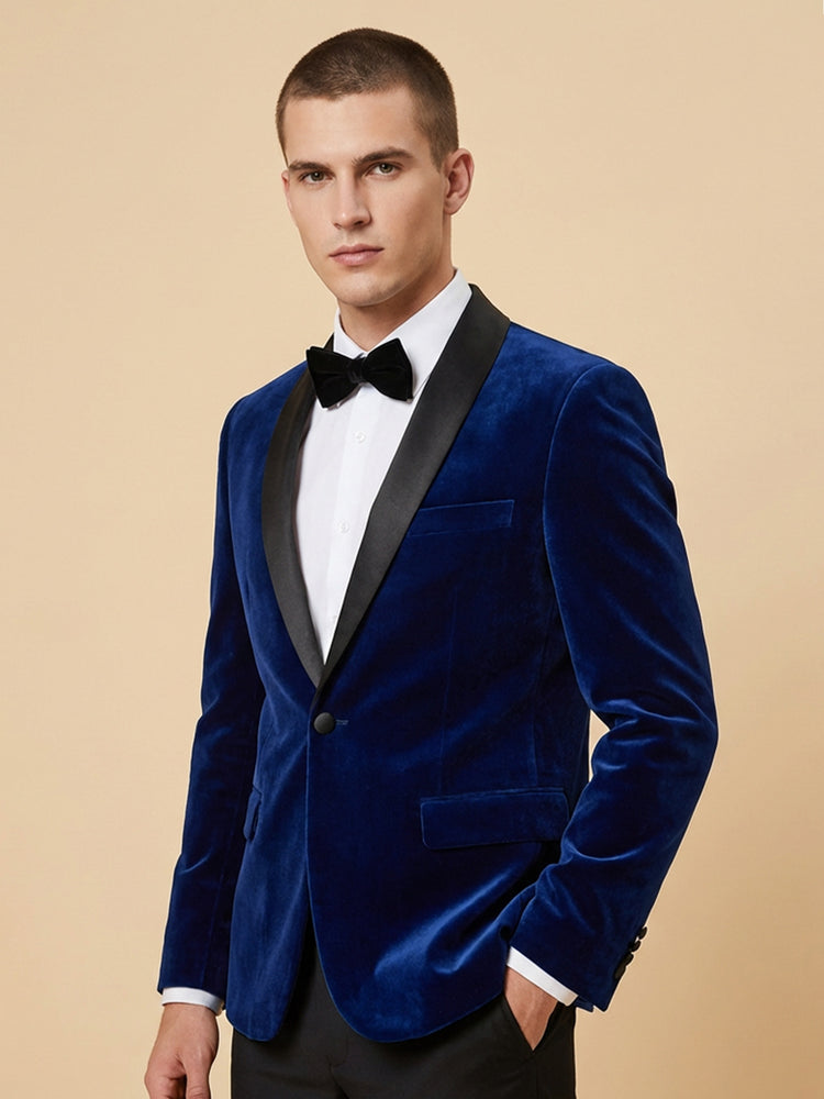 Men's Navy Blue Velvet Shawl Lapel Slim Fit Wedding Formal Jacket