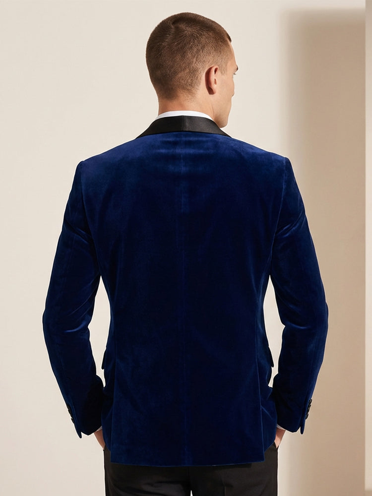 Men's Navy Blue Velvet Shawl Lapel Slim Fit Wedding Formal Jacket