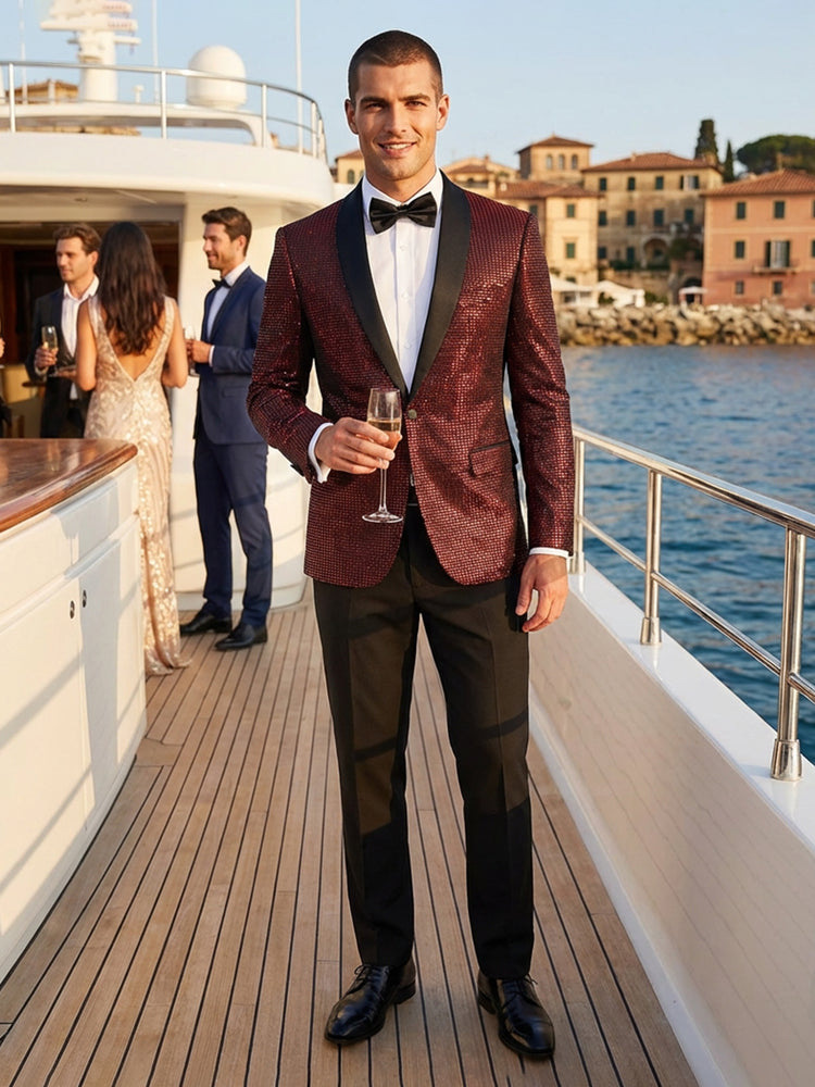 Men's 2 Pieces Sparkle Shawl Lapel Slim Fit Prom Party Formal Suits