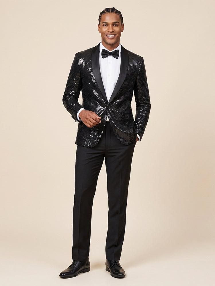 Black Sequin Slim Fit Shawl Lapel Prom Party Jacket for Men