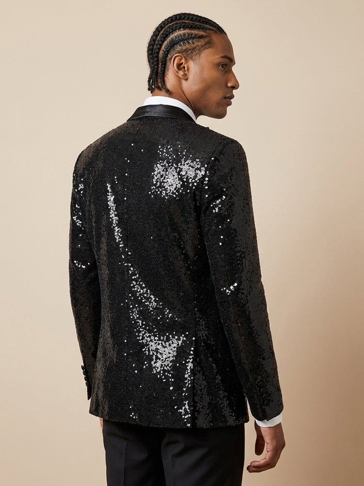 Black Sequin Slim Fit Shawl Lapel Prom Party Jacket for Men