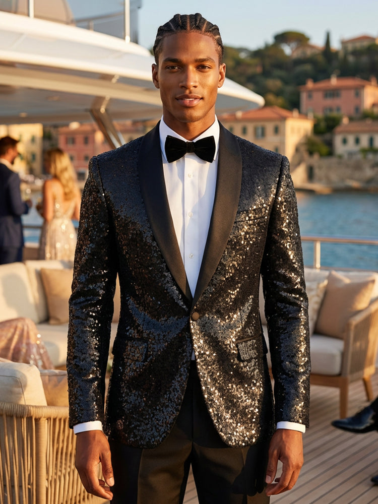 Black Sequin Slim Fit Shawl Lapel Prom Party Jacket for Men