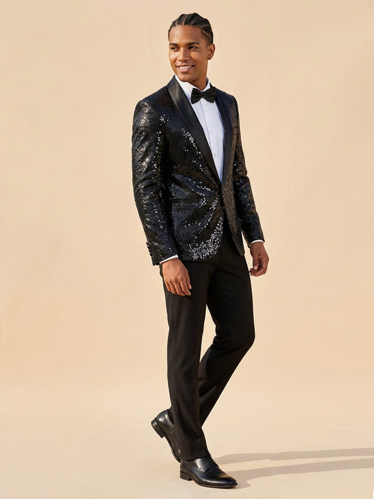 Black Sequin Slim Fit Shawl Lapel Prom Party Jacket for Men