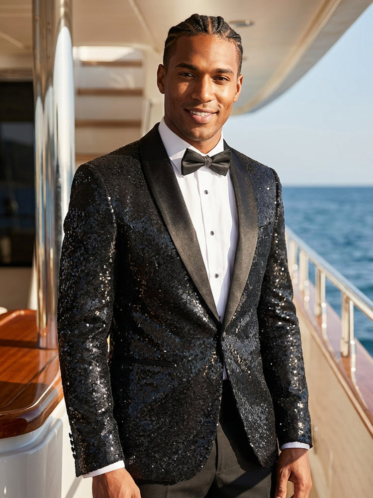 Black Sequin Slim Fit Shawl Lapel Prom Party Jacket for Men