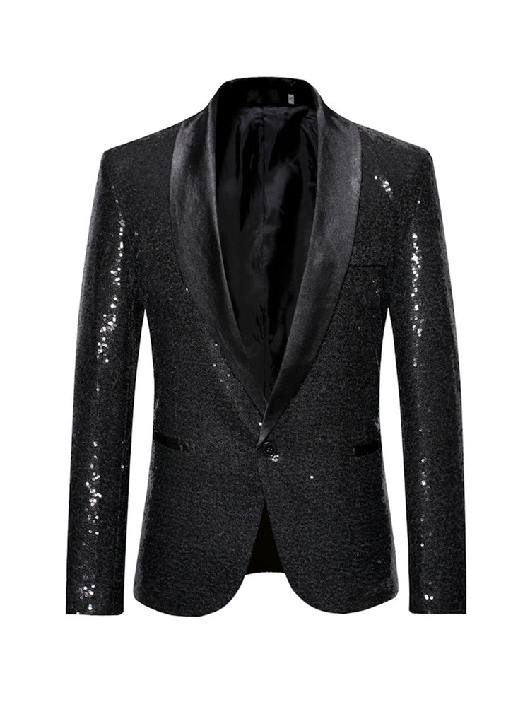 Black Sequin Slim Fit Shawl Lapel Prom Party Jacket for Men