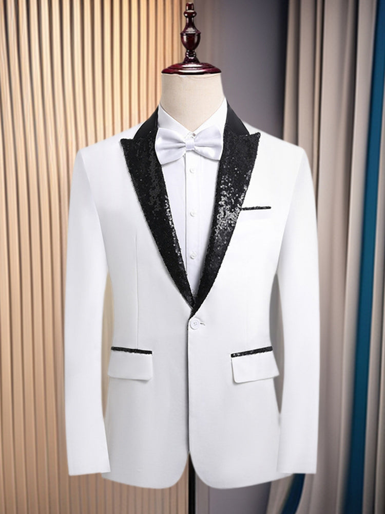 Men's Blocked Color Shawl Lapel Slim Fit Prom Formal Jacket with Sequin