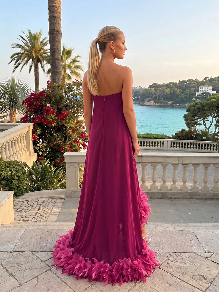 Strapless Chiffon Hi Low Evening Tent/ Trapeze /Tube Dresses with Feather