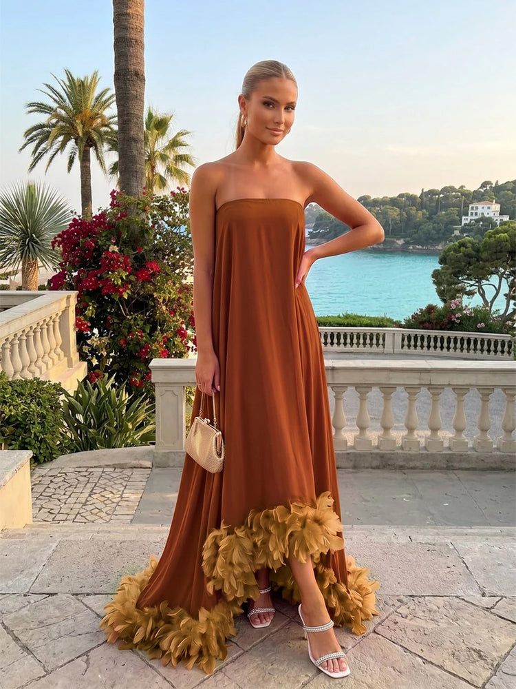 Strapless Chiffon Hi Low Evening Tent/ Trapeze /Tube Dresses with Feather