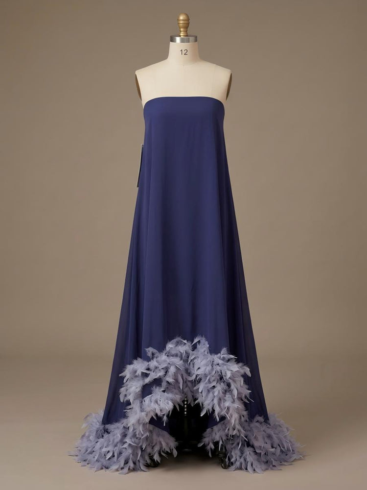 Strapless Chiffon Hi Low Evening Tent/ Trapeze /Tube Dresses with Feather