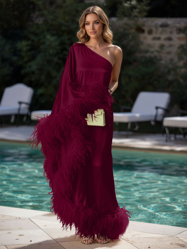 Satin Sheath One Shoulder Evening Dresses with Feathers